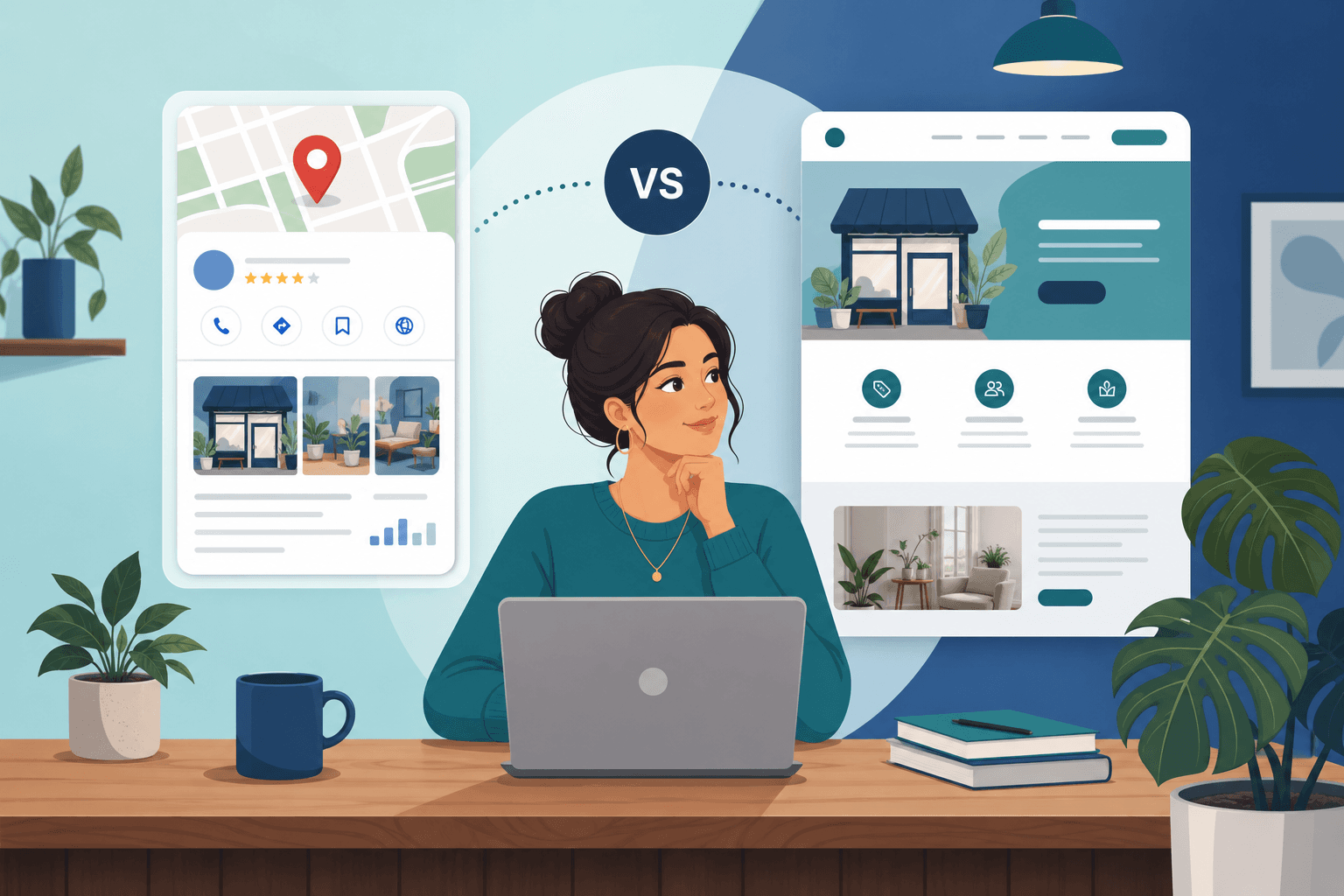 Small business owner comparing Google Business Profile listing with a professional website