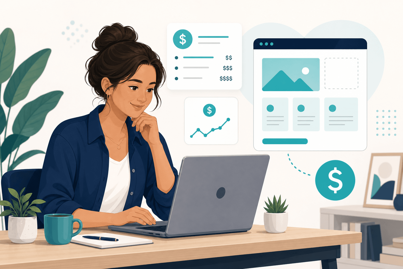 Small business owner reviewing website pricing options on a laptop
