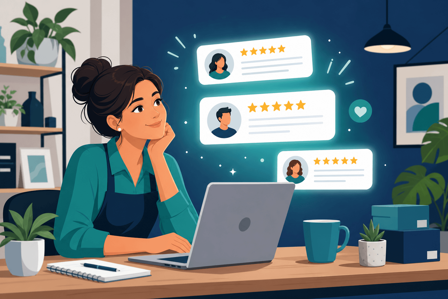 Small business owner reviewing customer testimonials on a website